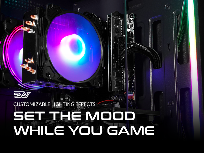 saav x1 gaming pc tower with custom rgb internal lighting